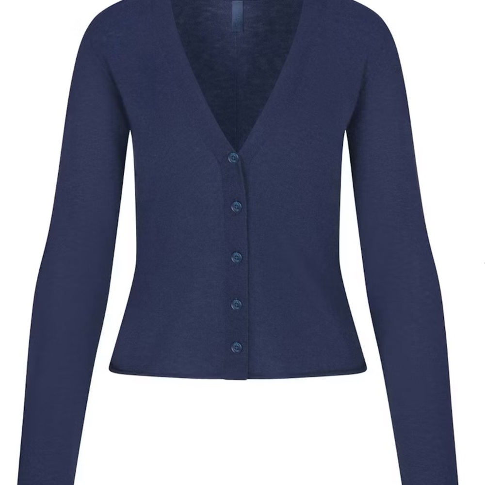 SKIMS Navy Button-Front Ribbed V-Neck Sweater - Picture 3 of 5